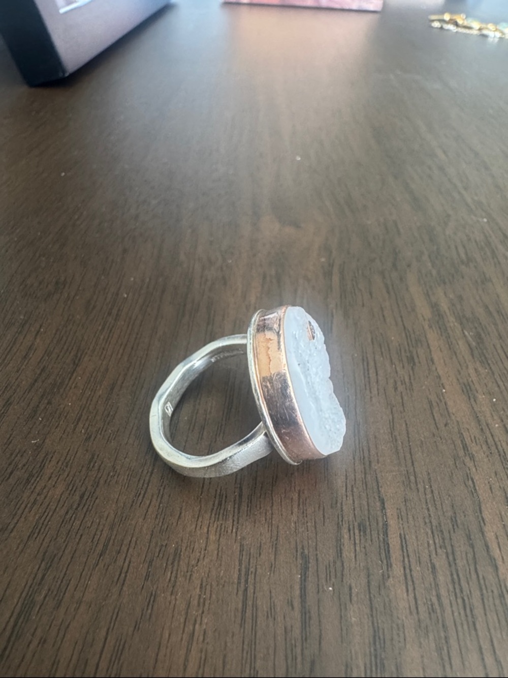Jamie Joseph White Druzy Ring with diamond. Signature Gold Bezel and Silver Band - Picture 6 of 12
